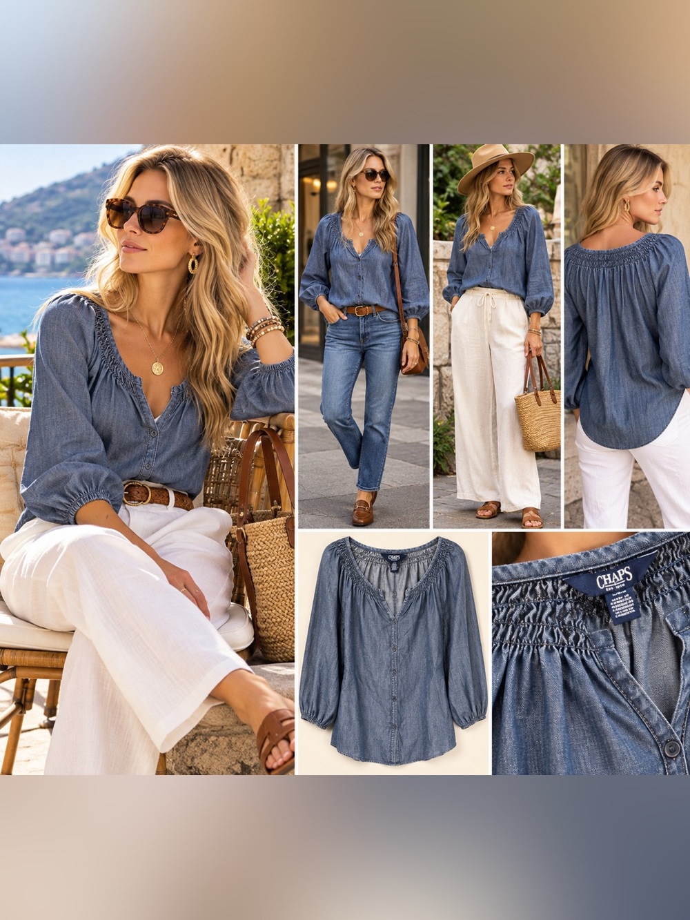Chaps Women's Blue Denim Peasant Blouse